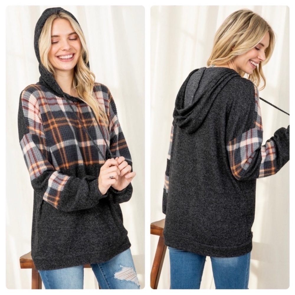 WAFFLE PLAID CONTRAST HOODIE WITH SELF TIE- BLACK